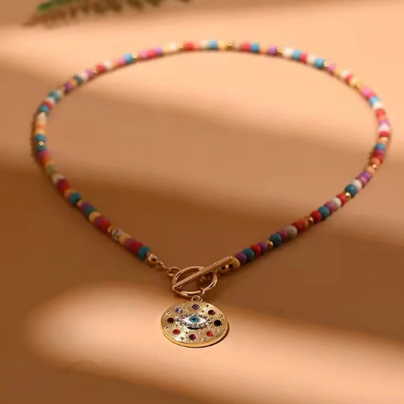 Boho Rainbow Beaded Necklace with Dazzling Gold Medallion - Picture 1 of 11